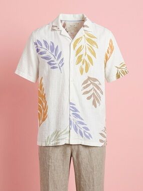 Men's White Short-Sleeve Leaf Print Shirt and Linen cream pants. 👖 (34-36) waist